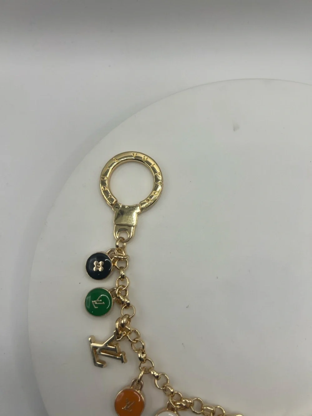 1417. Gold Tone Bag Chain with Multicolor Enamel Skittles. 12”